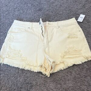 PacSun Cream Distressed Frayed Hem Denim Shorts